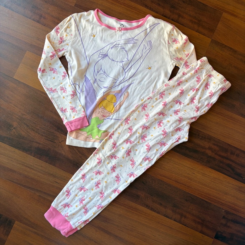 Disney Store Tinker Bell Ballerina Pajama Set Cream Pink Cotton Girls Size 10